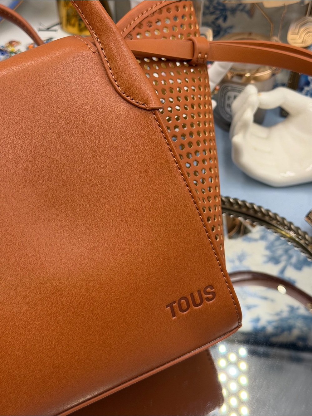 🆕 TOUS 🧿 NWOT Small TOUS Tulip Cutout Mesh Bag, with Top Handle - Camel Brown - Picture 11 of 13
